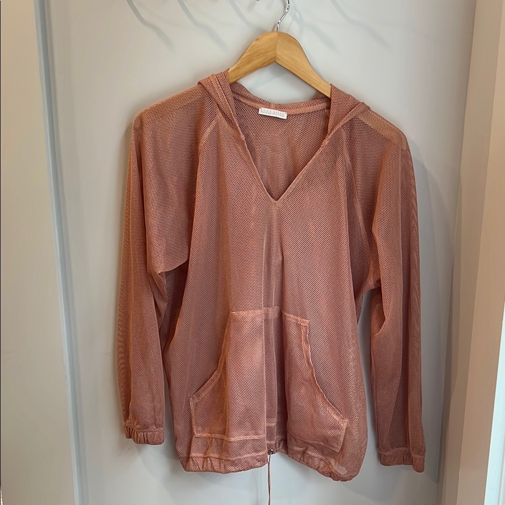 Mesh V-Neck Hoodie in Rust